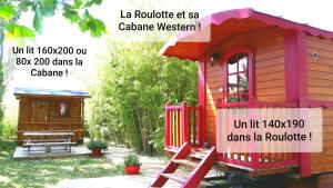 a small wooden cabin with a bench in the yard at Provence Roulottes in Barbentane