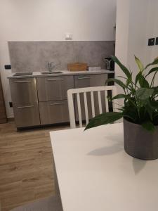 聖多納托米拉內塞的住宿－Apartments For You，厨房配有白色桌子和盆栽植物