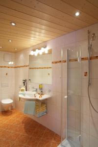y baño con ducha, lavabo y aseo. en Gästehaus am Graben, en Reutte