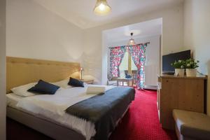 ヴィスワにあるWilla Szwajcariaのベッドルーム1室(赤いカーペット敷きの大型ベッド1台付)