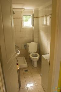 a small bathroom with a toilet and a sink at Beautiful apartment (very high ceiling) next to the beach with 2 separate bedrooms in Polykhrono