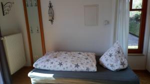 a bed with two pillows on it in a room at Apartment mit Gartenblick in Eckersdorf