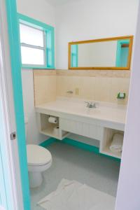 a bathroom with a sink and a toilet and a mirror at Graham's Place in Guanaja