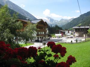 a view of a village with red flowers in the foreground at Haus Brigitta in Tux