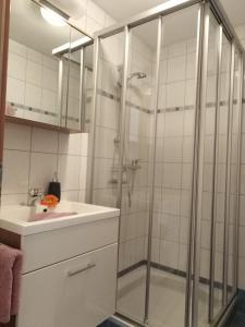 ein Bad mit einer Dusche und einem Waschbecken in der Unterkunft Landhaus Sarah in Dorfgastein