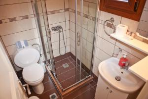 y baño con ducha, aseo y lavamanos. en Panormos Maisonettes en Panormos Skopelos