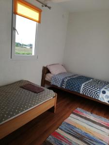 twee bedden in een kamer met een raam en een tapijt bij Vila Anis in Bihać