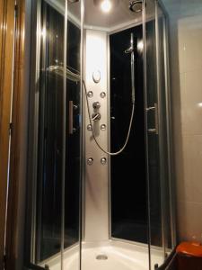een douche met een glazen deur in de badkamer bij Chambre de la tour - Quinta da Prelada Simão in Celorico de Basto