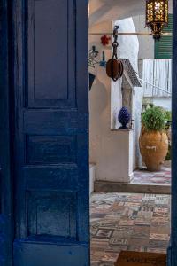 a blue door in front of a house with a vase at Il Moscardino in Vico Equense