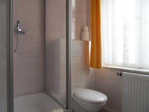 La salle de bains est pourvue d'une douche, de toilettes et d'une fenêtre. dans l'établissement Ferienappartements Rindfleisch, à Stralsund