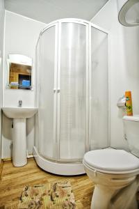 y baño blanco con ducha y aseo. en Motel MaksiM-4 DON en Pavlovsk