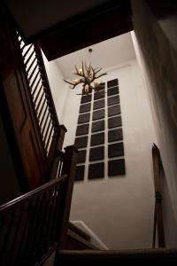 a stairway with a spider on the wall at The Haus On Mirror Lake in Lake Placid