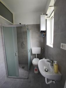 een badkamer met een douche, een toilet en een wastafel bij Green Garden Guesthouse in Shkodër