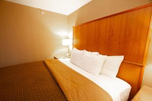um quarto de hotel com uma cama com almofadas brancas em Mirabeau Park Hotel em Spokane Valley