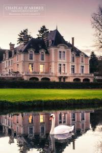 un cygne dans l'eau devant une grande maison dans l'établissement Château d'Ardrée, à Saint-Antoine-du-Rocher