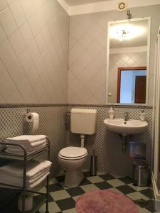 a bathroom with a toilet and a sink and a mirror at Apartment Lapov in Ičići