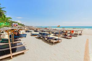 a beach with chairs and umbrellas and the ocean at International Beach Hotel & Restaurant in Hikkaduwa