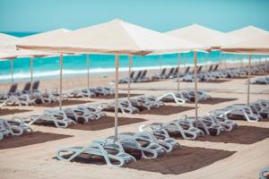 a group of chairs and umbrellas on a beach at Paloma Orenda in Side