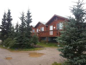 Alaskan Spruce Cabins في هيلي: منزل خشبي كبير أمامه أشجار