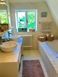阿布考德的住宿－Charming countryhouse near Amsterdam，浴室配有两个盥洗盆和浴缸。
