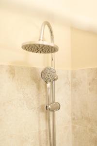 a shower with a shower head in a bathroom at Stylish Flat in the Heart of Historical Center in Timişoara +44 photos