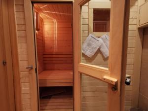 una sauna con espejo y toallas. en Casa Dorondón, en Lasaosa