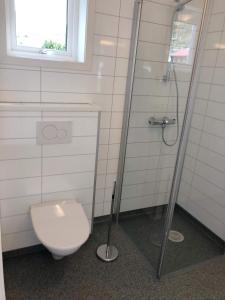 a bathroom with a toilet and a shower at Saltvold leilighet nr1 in Røldal