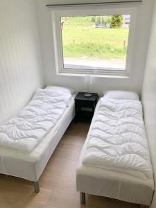 two beds in a small room with a window at Saltvold leilighet nr1 in Røldal