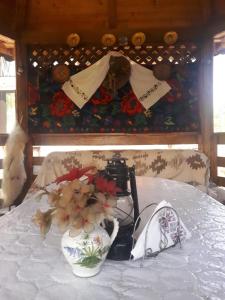 a table with a camera and a vase with flowers at Pensiunea Casa Godja in Văleni