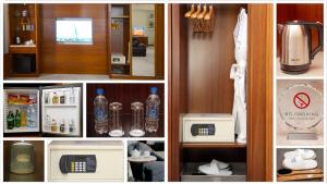 a collage of pictures of a kitchen with a refrigerator at Parliament Palace Hotel in Khujand