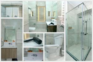 a collage of photos of a bathroom with a shower at Parliament Palace Hotel in Khujand