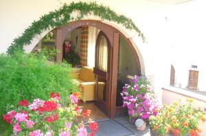 une porte voûtée avec des fleurs dans un jardin dans l'établissement Dependance Villnerhof, à Egna