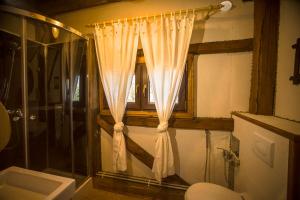 een badkamer met een douche, een toilet en een raam bij Grenlanda in Ulanów