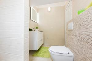 a bathroom with a white toilet and a green rug at Apartments and rooms Roberto B. in Valun