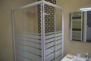 uma casa de banho com um chuveiro, um lavatório e um espelho. em BRG APARTMENTS em Matera