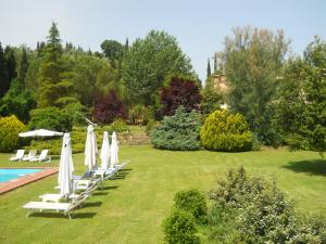 a group of lawn chairs with umbrellas and a pool at Agriturismo Girasole in Gambassi Terme