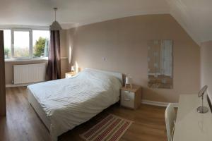 a bedroom with a white bed and a desk and window at Little Mead. in Tenby