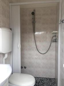 里米尼的住宿－奧塔維亞酒店，带淋浴、卫生间和盥洗盆的浴室