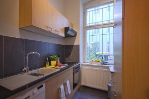 een keuken met een spoelbak en een raam bij Wohnung mit 2 Bädern (PB3) in Berlijn