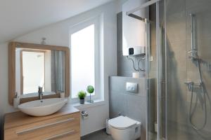 W łazience znajduje się umywalka, toaleta i prysznic. w obiekcie Millennium apartments w mieście Čakovec