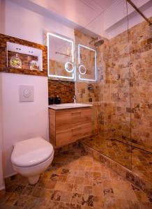 a bathroom with a toilet and a shower at Nairi Apartment in Mamaia Nord