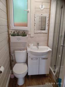 a bathroom with a toilet and a sink and a mirror at Arena White Houses in Okuninka