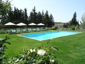 a swimming pool in a yard with chairs and umbrellas at Agriturismo Piemaggino in Castellina in Chianti