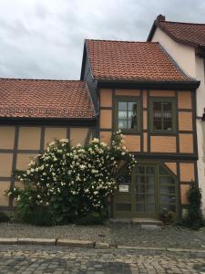 una casa con un arbusto en flor delante de ella en Ferienhaus Brücke, en Quedlinburg
