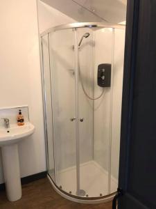 a shower with a glass door next to a sink at Star Cabin Lairg in Lairg