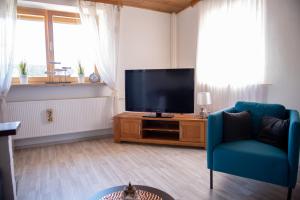 a living room with a television and a blue chair at Wohlfühloase Brombachsee in Pleinfeld