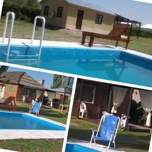 dos fotos de una piscina con una silla y un banco en Cabañas los Cactus en San Rafael