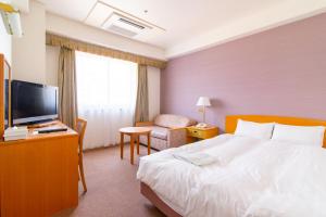 高知市にあるブライトパークホテルのベッドとテレビが備わるホテルルームです。