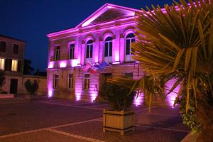 a building lit up with purple lights in front of it at le vic de de lomagne in Lavit