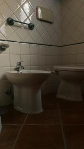 La salle de bains est pourvue d'un lavabo et de toilettes. dans l'établissement IL BORGHETTO, à Caprioli